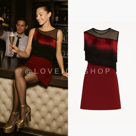 NYE Glam | Sandro Fringe Soft A-Line Dress in Ombre Bourdot Red | Party Cocktail - Picture 1 of 14